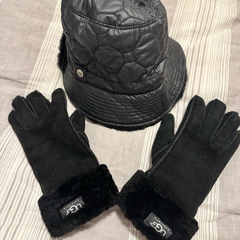 UGG Black Gloves and Quilted Hat Set